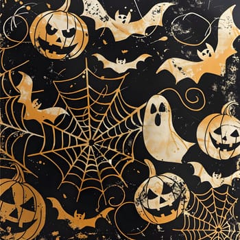 A Halloween themed illustration featuring pumpkins, bats, a ghost, and a spiderweb on a black background.