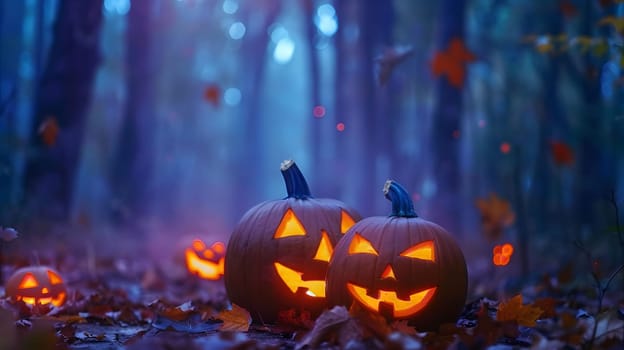 Jack-o'-lanterns glow ominously in a mystical forest, casting eerie shadows among the autumn leaves.