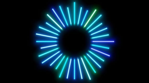 Ball with equalizers on black background. Design. Halo of bright neon lines. Equalizer is in shape of semicircle. Club equalizer around ball.