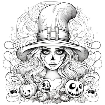 A black and white illustration of a spooky witch with a wide-brimmed hat, skull-like makeup, and pumpkins around her.
