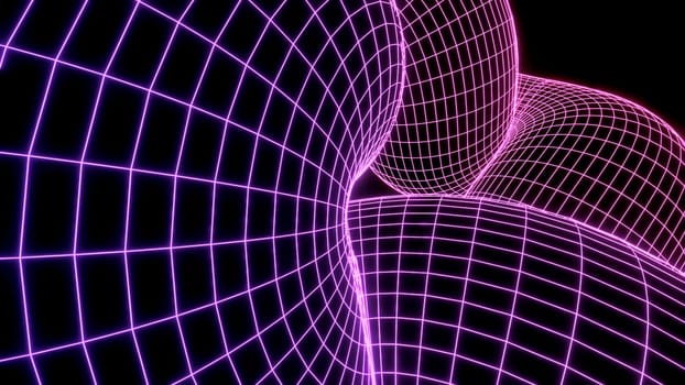 Cyber grid moves in curves. Design. Cybernetic grid in retro style moves on swirling shapes. Computer cyber grid moves in three-dimensional shapes on black background.