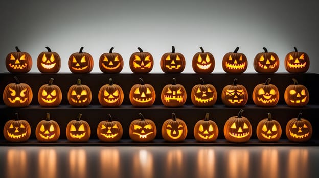 A row of jack-o'-lanterns lit up in a dark setting, ready for Halloween.