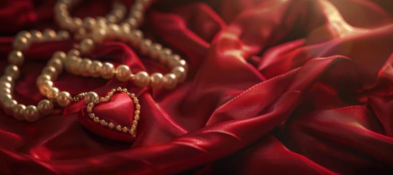 A luxurious valentine's day banner featuring an elegant pearl necklace draped over a red satin heart-shaped pillow. gold accents and soft lighting create a sophisticated and romantic ambiance, perfect for special designs.