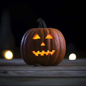 A glowing jack-o'-lantern with a carved smile on a wooden surface.