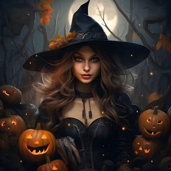 A beautiful witch with long brown hair wearing a black pointy hat and a black dress, holding a glowing pumpkin in her hands, surrounded by pumpkins and with a forest and a moon in the background. The image is a mysterious and enchanting depiction of a witch and Halloween magic.