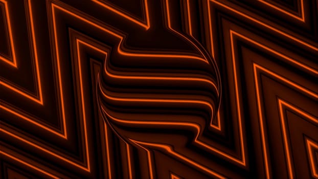 Abstract black and orange background with a sphere silhouette and zigzag pattern. Motion. Round shaped object with a mirror effect