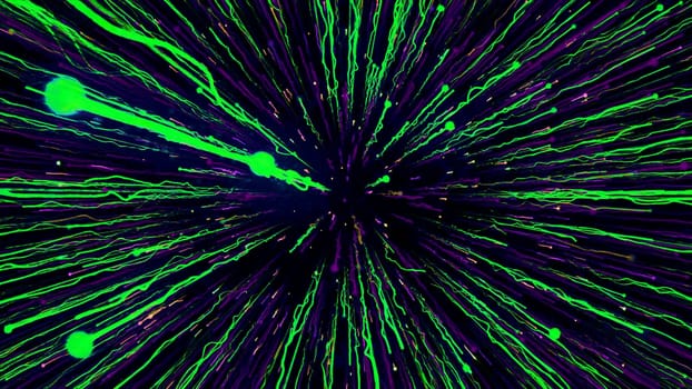 Beautiful stream of glowing colorful rays on black background. Motion. Dive into cosmic hyper-jump with bright energy lines. Glowing colorful cosmic stream rays.