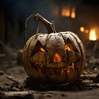 A close-up shot of a carved jack-o'-lantern, its glowing eyes and menacing grin illuminate the dark and smoky surroundings. The scene evokes a sense of spooky fun and anticipation for Halloween.