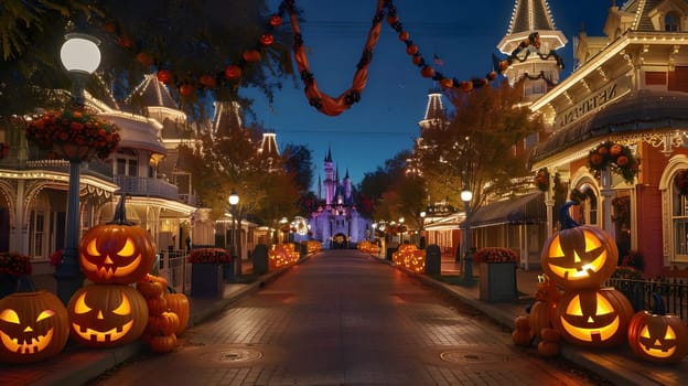 A festive and magical Halloween scene at Disney, with glowing pumpkins lining a street, a castle in the distance, and twinkling lights.