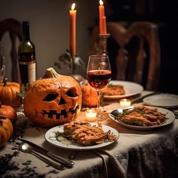 A Halloween dinner table with a jack o lantern, wine, candles, and food. The image captures the spirit of the holiday with its spooky yet inviting atmosphere.