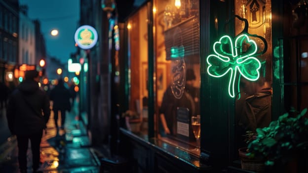 Vibrant neon shamrock illuminates an irish pub window, with bustling city streets outside. people walk by, adding to the lively st. patrick's day atmosphere, creating a festive, urban nightlife scene.