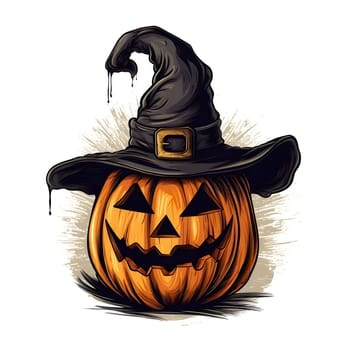 A classic Halloween pumpkin with a witch hat. The pumpkin has a scary grin and is ready for trick or treating.