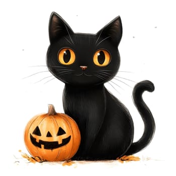 A cute black cat sits with a jack o'lantern pumpkin on a white background.