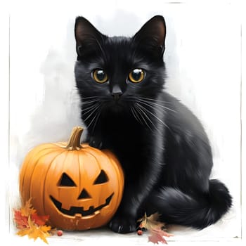 A black cat sits next to a jack-o'-lantern.