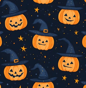 A pattern of pumpkins with witch hats, perfect for Halloween decorations.