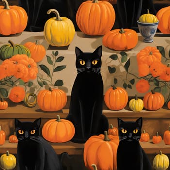 Three black cats with pumpkins and fall foliage, a Halloween still life painting.