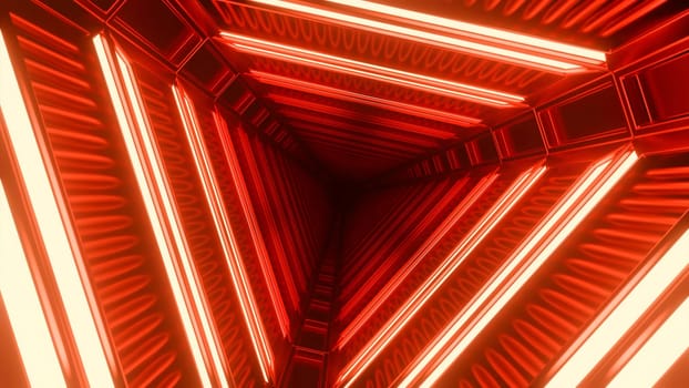 Rotating triangular tunnel with neon lines. Design. Triangular tunnel with neon lines in style of spaceship. Triangular cyber tunnel in spaceship.
