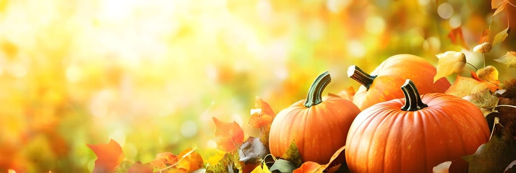 Close-up of pumpkins in autumn foliage with warm sunlight. The pumpkins are orange and ripe, surrounded by leaves. The image captures the beauty and vibrancy of the fall season.
