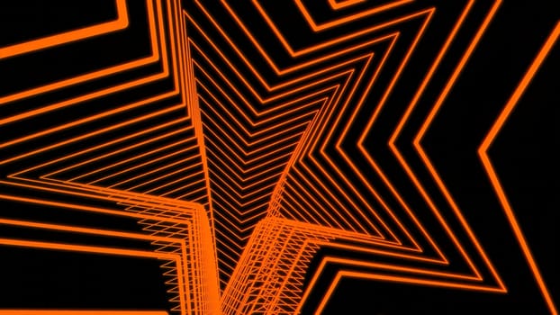Moving tunnel of lines in shape of star. Design. Beautiful tunnel in shape of star on black background. Tunnel is star in looped motion in dark space.