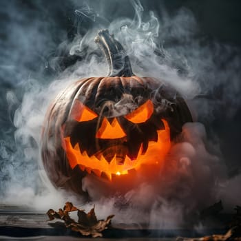 A close-up of a spooky carved pumpkin with a glowing face, surrounded by smoke, perfect for a spooky Halloween atmosphere.