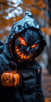 A person in a Halloween costume, wearing a scary glowing pumpkin mask with menacing teeth and eyes.