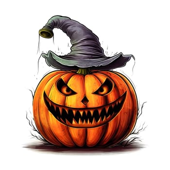 A spooky Halloween jack-o-lantern with a witch hat, grinning with a creepy smile.