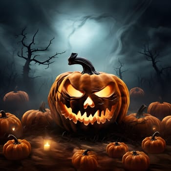 Spooky Halloween jack-o-lantern glowing in the dark forest with other pumpkins and glowing lights