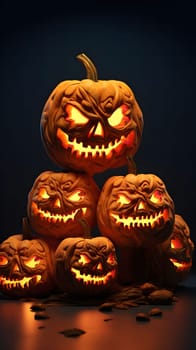 A group of scary jack-o'-lanterns, carved with menacing expressions, illuminated by candles, creating a spooky atmosphere.