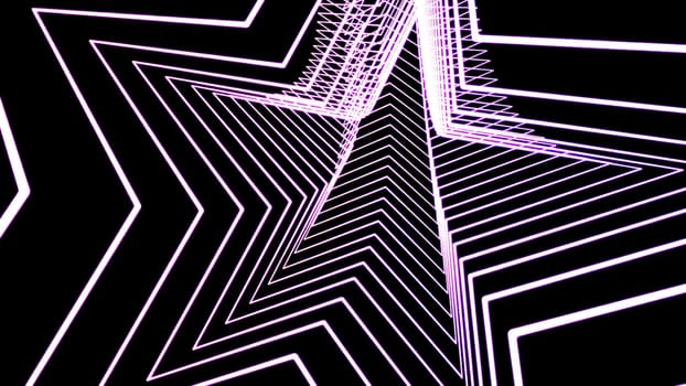 Moving tunnel of lines in shape of star. Design. Beautiful tunnel in shape of star on black background. Tunnel is star in looped motion in dark space.