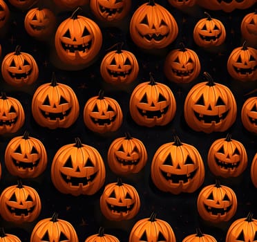 A seamless pattern of jack-o'-lanterns, a classic Halloween symbol, with an orange glow against a dark background.