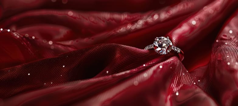 A luxurious valentine's day banner showcasing a diamond engagement ring atop red velvet fabric. gentle light enhances the sparkle of the gem, opulence and romance. perfect for holiday-themed designs or invitations.
