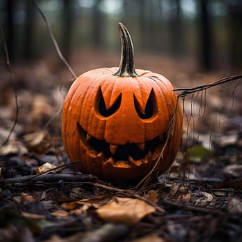 A close-up of a carved pumpkin in a forest setting. The pumpkin is lit from the side, casting shadows around the carving and creating a spooky atmosphere.