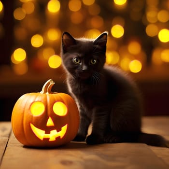 A black cat sits next to a glowing jack-o-lantern, creating a festive halloween scene.