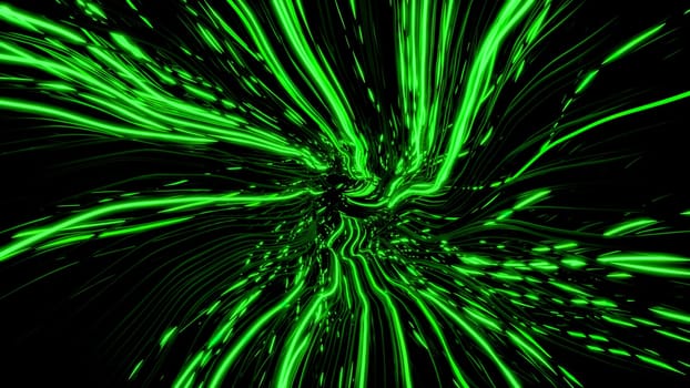 Neon lines in perspective are distorted. Design. Failure with distortion of neon centralized lines. Bright lines moving towards center are distorted by wavy streams. Matrix distortions.