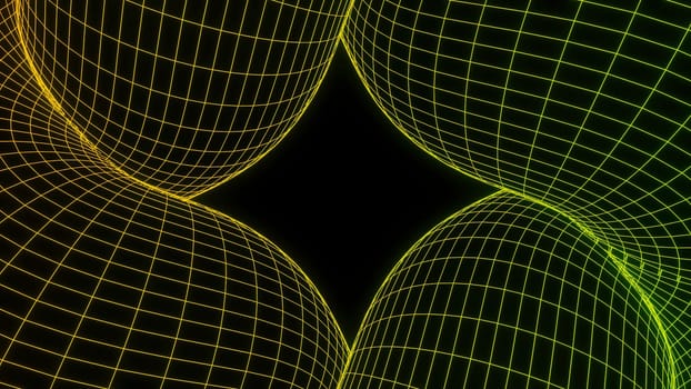 Grid with 3d shapes on black background. Design. Grid figure in computer retro style. Retro mesh moves in shape of bulges.