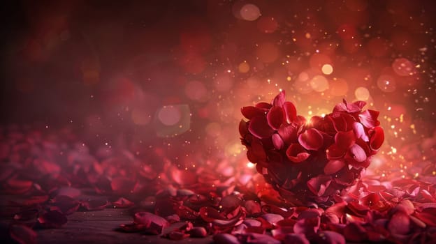 A deep crimson background highlights a heart made of rose petals, surrounded by soft golden light. this elegant design radiates romance, perfect for valentine's day-themed cards and decorations.