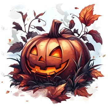 A smiling jack-o'-lantern sits among autumn leaves and vines, creating a festive and spooky atmosphere for Halloween.