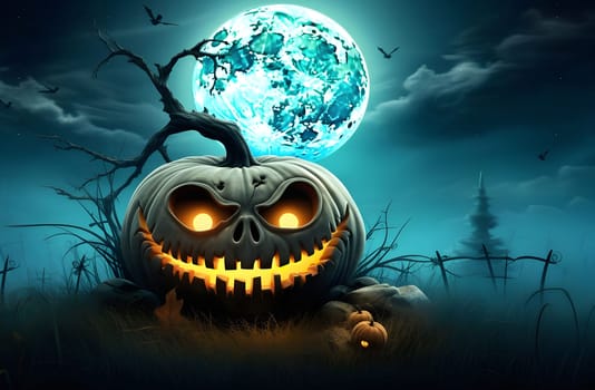 Spooky Halloween jack-o-lantern with glowing eyes in a dark forest under a full moon.
