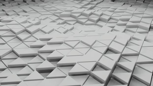 Surface of 3d triangles moving in waves. Design. Wave oscillations on surface of triangles. Geometric surface with triangles oscillates and vibrates.