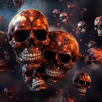 A close-up image of several skulls floating in a space-like setting with stars and nebulae. The skulls are made of a shiny, golden material and appear to be part of the cosmic landscape.