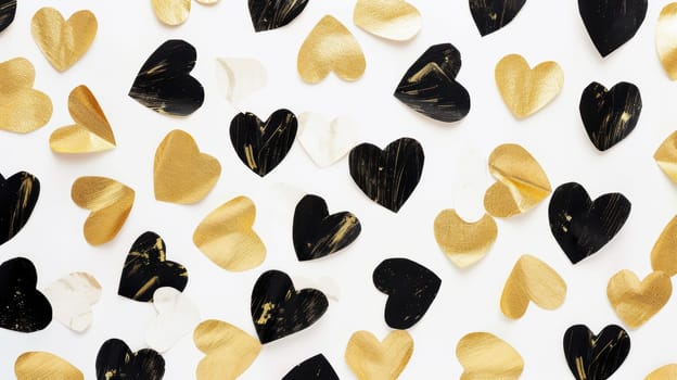 Elegant valentine’s day greeting card showcasing scattered gold and black heart shapes on a sleek white backdrop. this minimalist design offers a luxurious and contemporary feel, ideal for sophisticated romantic occasions.
