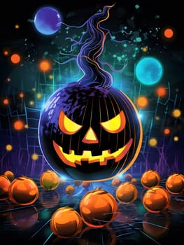 A grinning jack-o-lantern with a glowing face sits in a dark forest filled with lights and spooky energy.