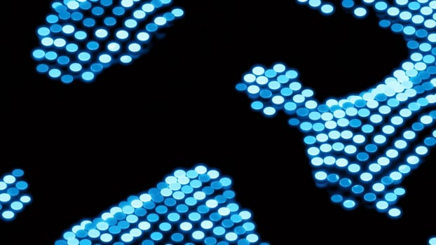 Mosaic dots move in spots on surface. Design. 3D dots move in spots on black background. Wave spots of colorful dots.