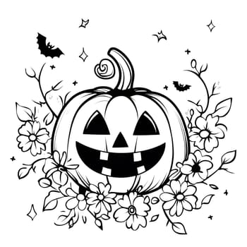 A friendly jack-o-lantern smiles with its carved face, surrounded by decorative floral elements. The black and white illustration captures the spirit of Halloween.