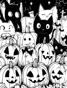 Halloween illustration with jack-o-lanterns and black cats