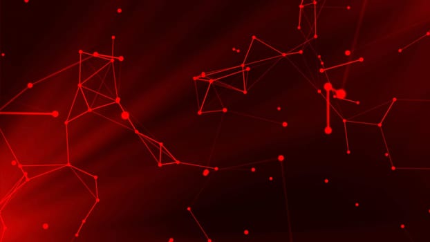 Blue and red background. Motion. A bright background on which there is an animation in which various parts with molecules and branches from them move around the background and spin. High quality 4k footage