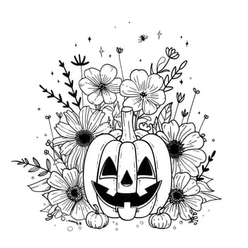 Hand-drawn illustration of a smiling pumpkin with floral decoration. The pumpkin is surrounded by flowers, vines, and leaves in a black and white style. The flowers surround the pumpkin in a circular pattern.