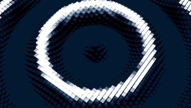Circular rings moving in waves to center. Design. Pixel 3d circles move in waves on surface. Wave rings or ripples on surface. Rewind.