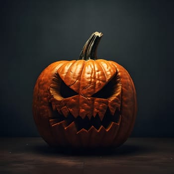 A close-up of a carved pumpkin with a scary face, perfect for Halloween decorations. The pumpkin is lit from the front, creating a dramatic contrast against the dark background.