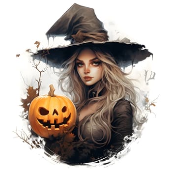 A witch with a spooky smile and a pumpkin. The image is full of Halloween vibes, with a spooky yet whimsical feel.